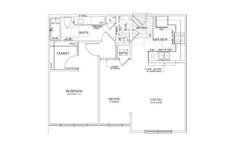 Floor plan for 1 bed, 1 bath, 794 sqft